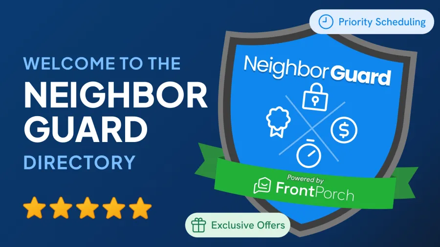 Welcome to the Neighbor Guard Directory with shield logo and icons for security, savings, and time management.